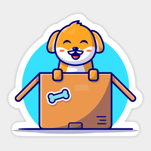 Cute Dog Playing In The Box Cartoon Vector Icon Illustration Sticker